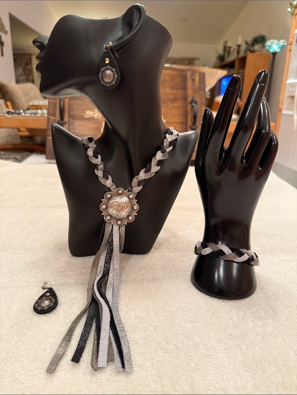 Braided Silver and Black Concho Leather Necklace, Earrings & Bracelet
